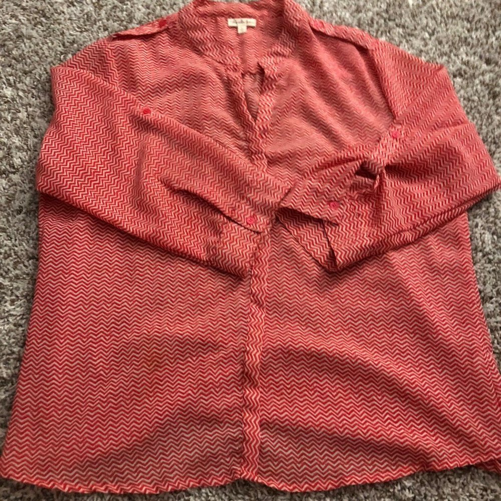 ANTILIA FEMME Womens Size Large Blouse Roll Cuff Sleeve Chevron Chiffon Top